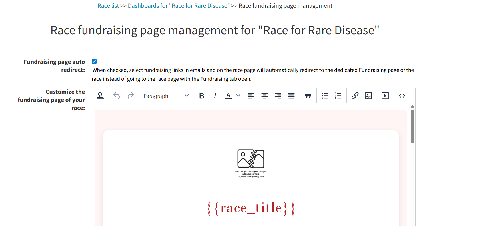 Fundraising page editor with auto redirect checkbox and WYSIWYG content area